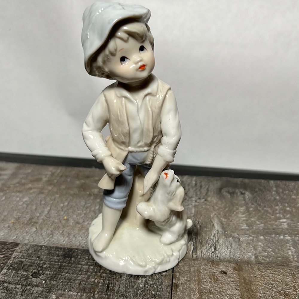 Vintage Blue/White ROYAL CROWN Porcelain Figures: Boy with Puppy